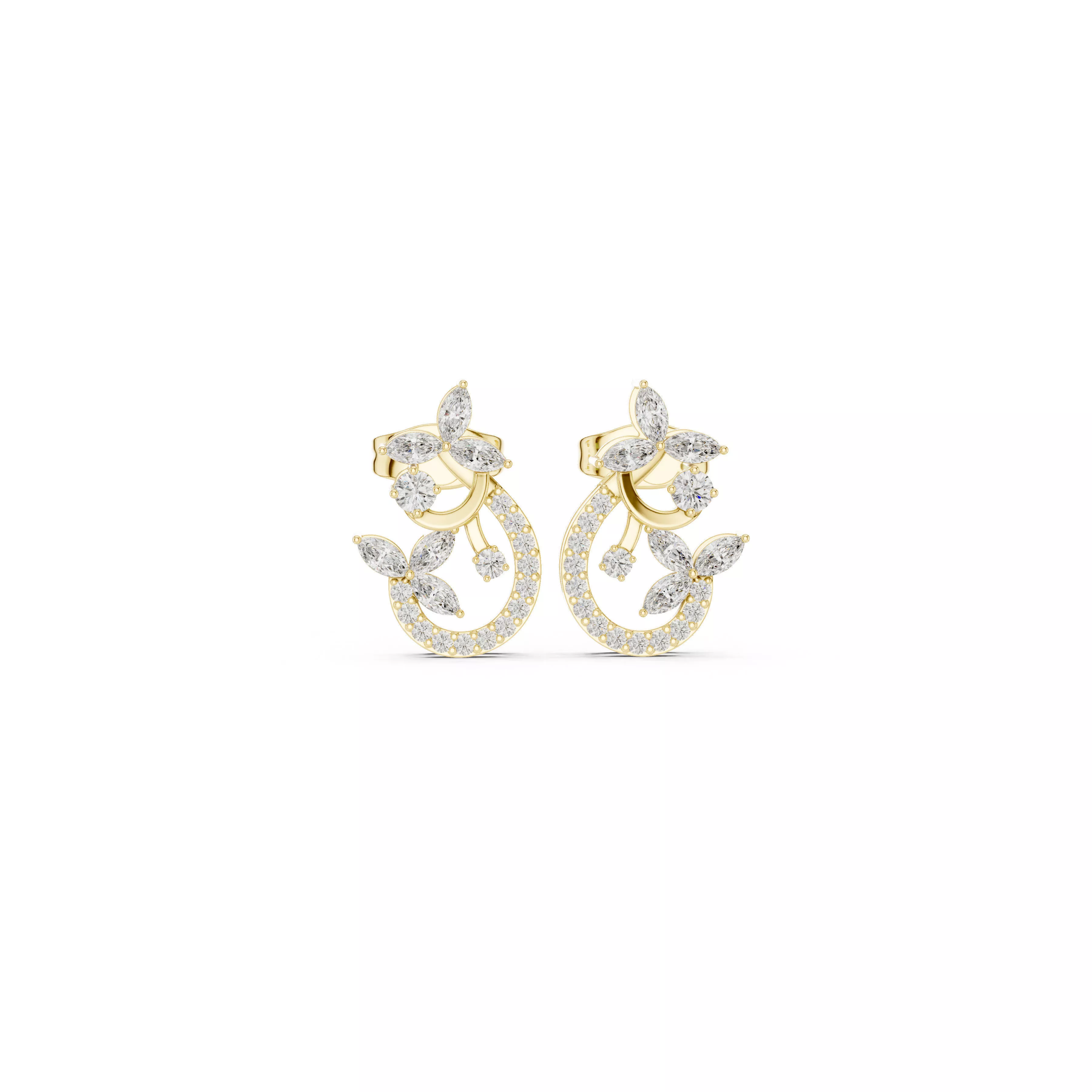 Floral Vine Marquise Diamond Botanical Drop Stud Earrings 3D print model