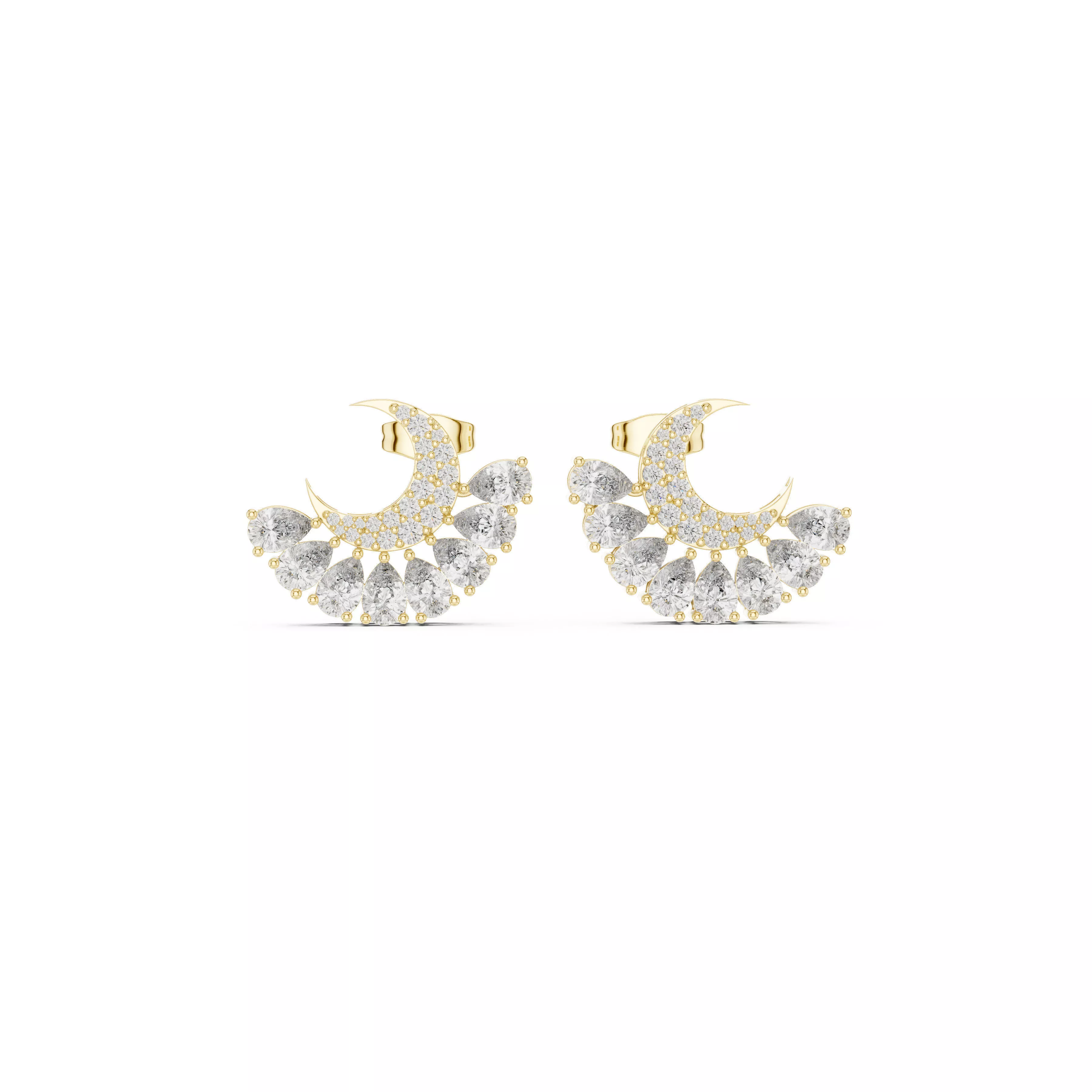 Crescent Moon Celestial Marquise Diamond Stud Earrings 3D print model