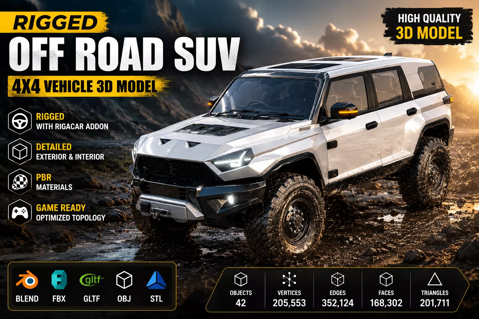Rigged Off Road SUV 4x4 Vehicle 3D Model PBR Game Ready Low-poly 3D model