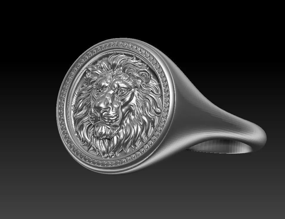 Gold Lion Signet Ring Mens Statement Medallion Band 3D print model