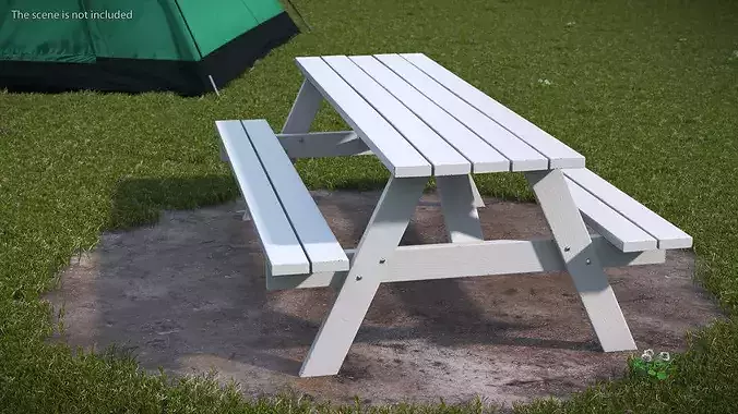 White Wooden Picnic Table with Benches 3D model 3