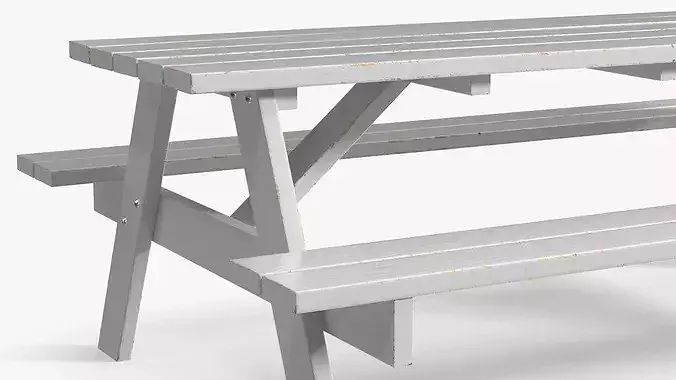 White Wooden Picnic Table with Benches 3D model 7