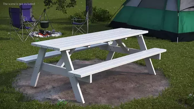 White Wooden Picnic Table with Benches 3D model 2
