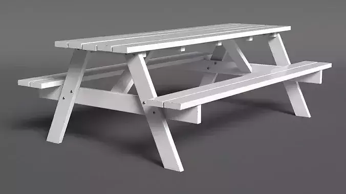 White Wooden Picnic Table with Benches 3D model 4