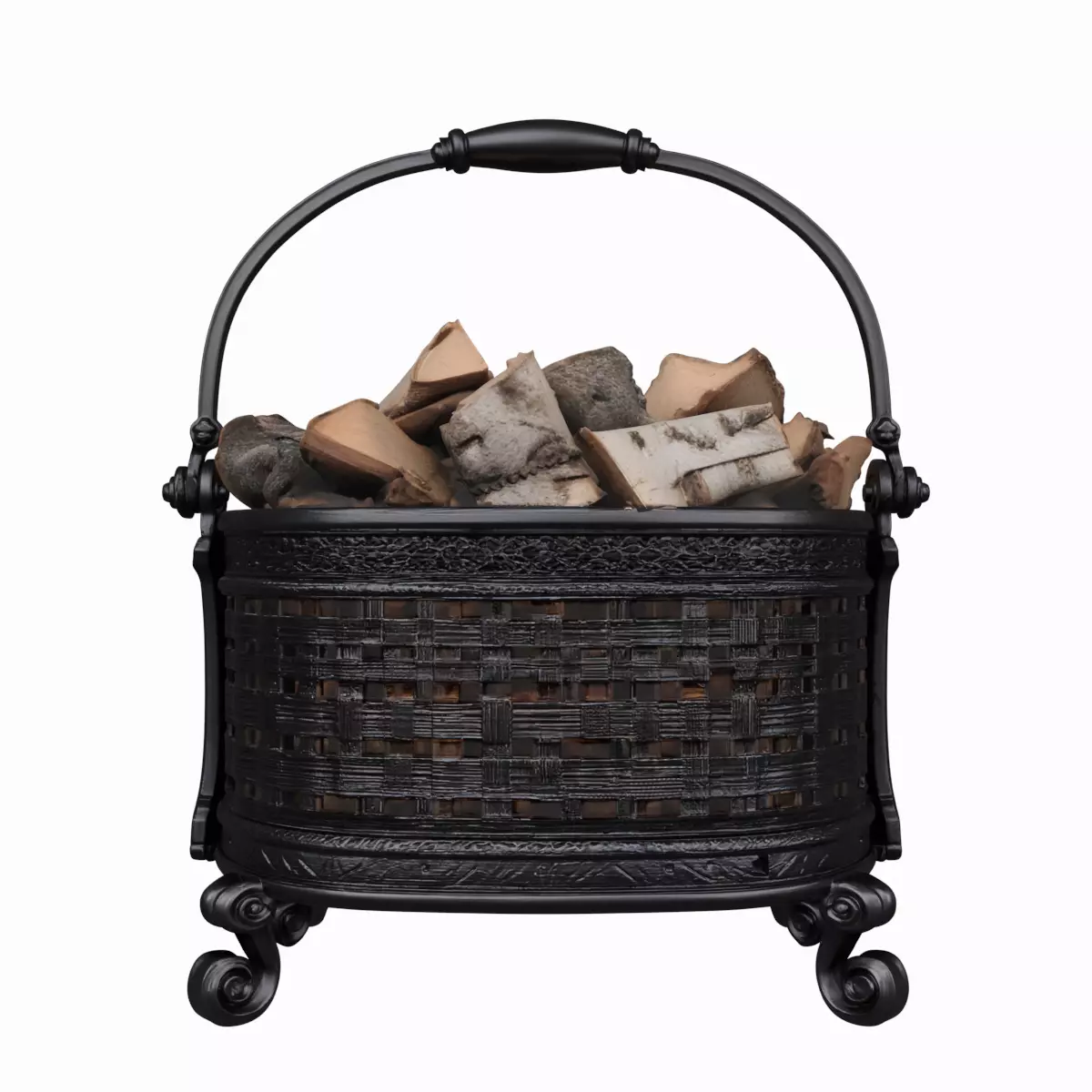 Heavy Cast Iron Log Basket Filled with Wood 3D Model 3D model