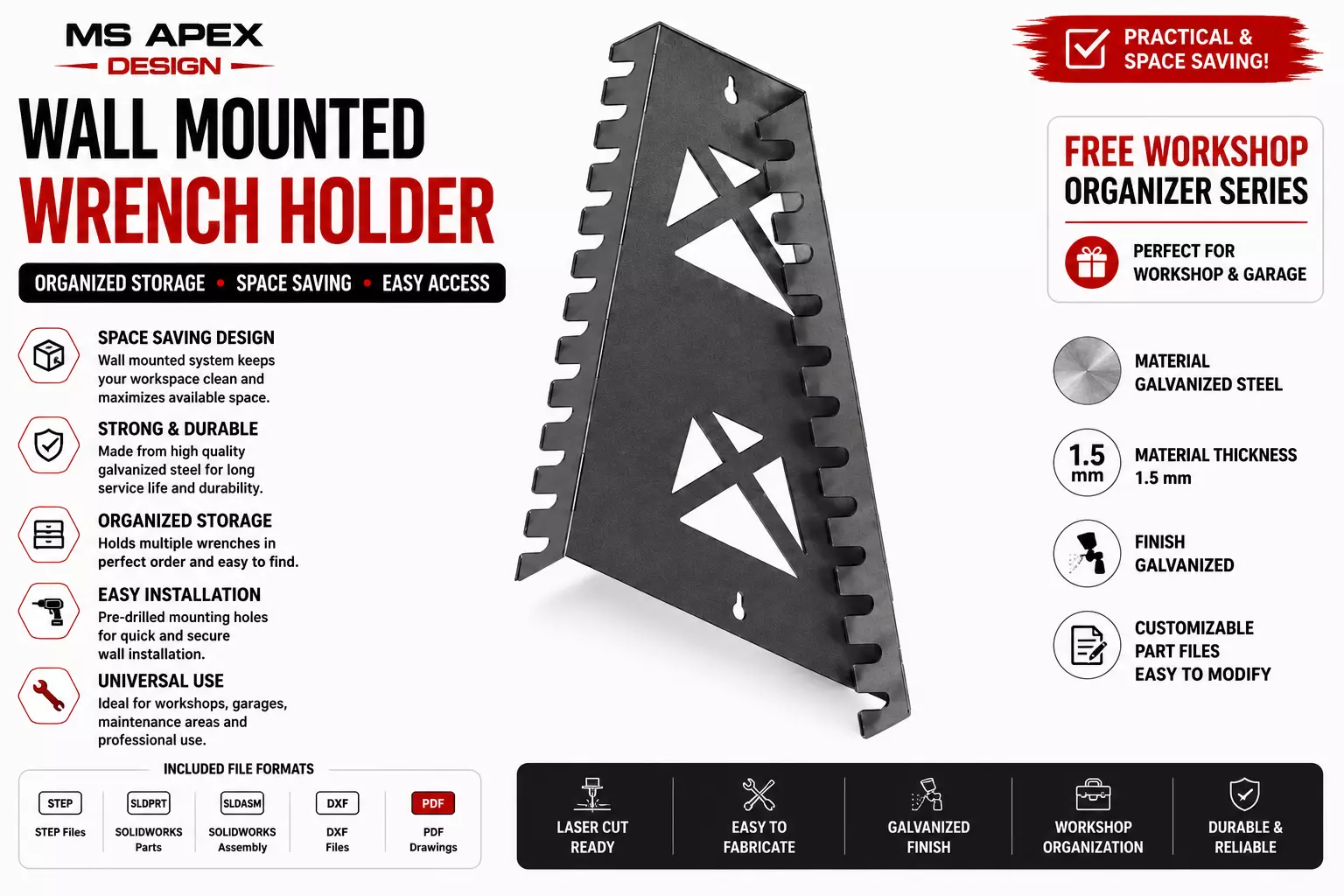 Wrench Holder CAD Model STEP DXF SolidWorks Workshop Rack Free 3D model