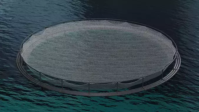 Offshore Marine Fish Farm with Circular Net and Fish 3D model 3