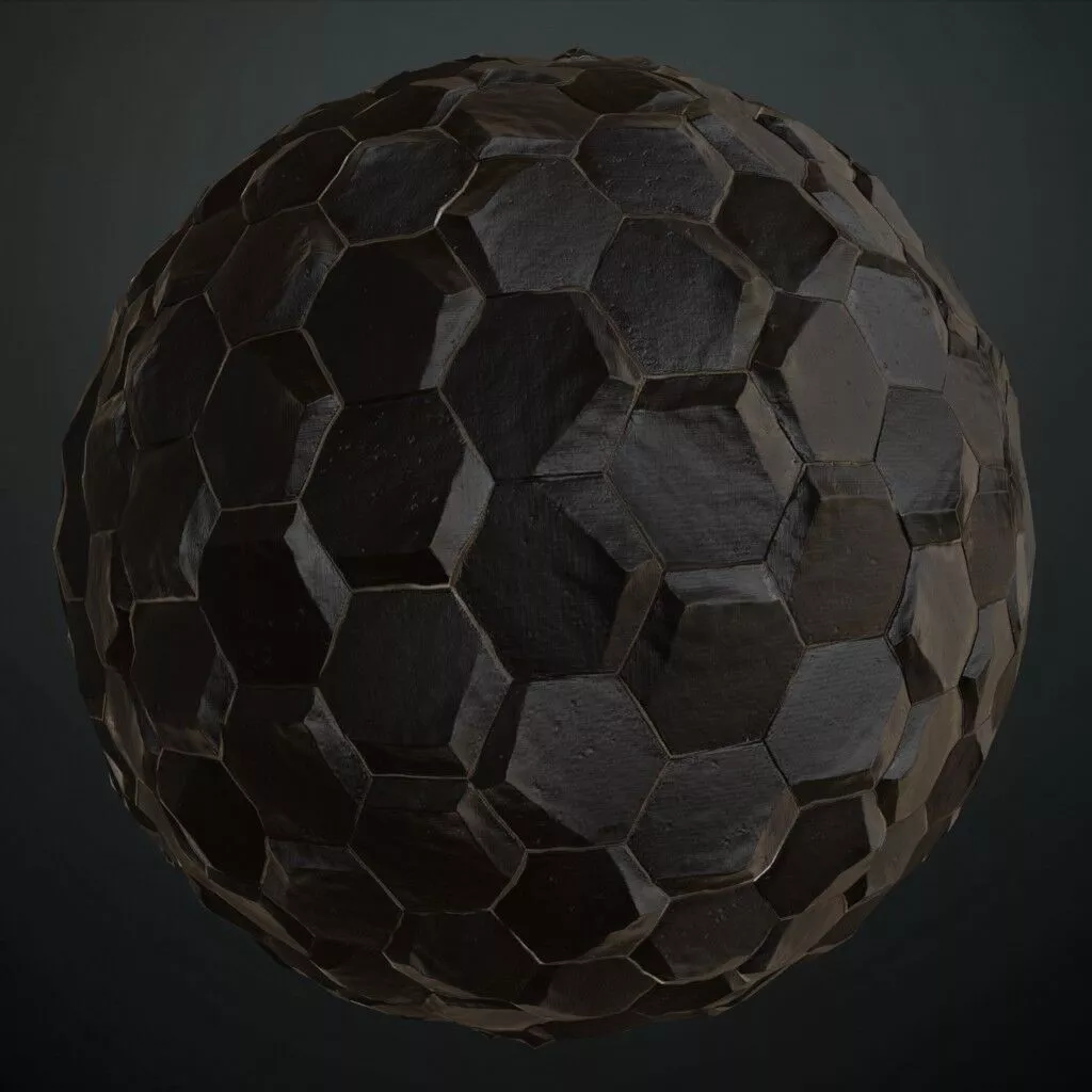 Blackish Hexagonal Stone Tiled Grid Pattern PBR Seamless Texture