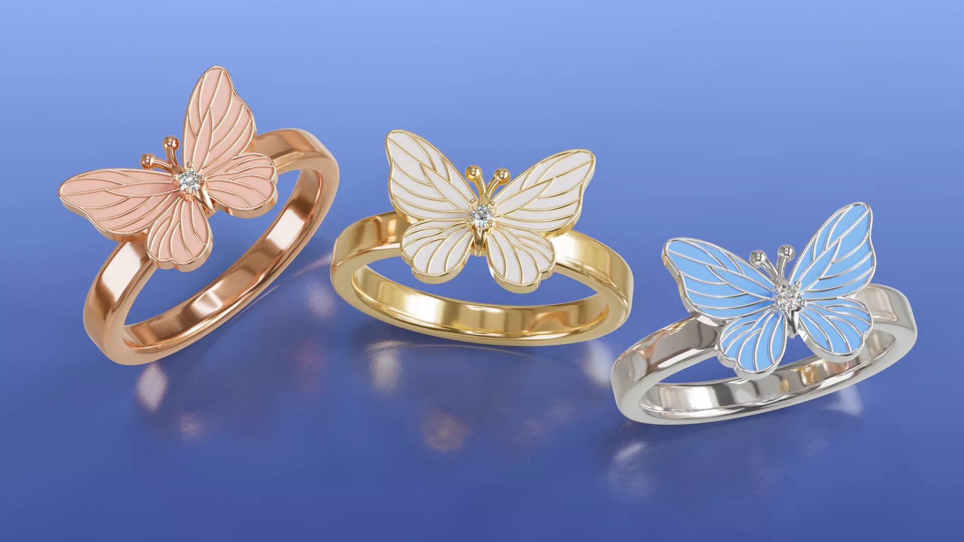 Enamel Butterfly Solitaire Ring 3D CAD Model Multi-Size 50 to 58 3D print model