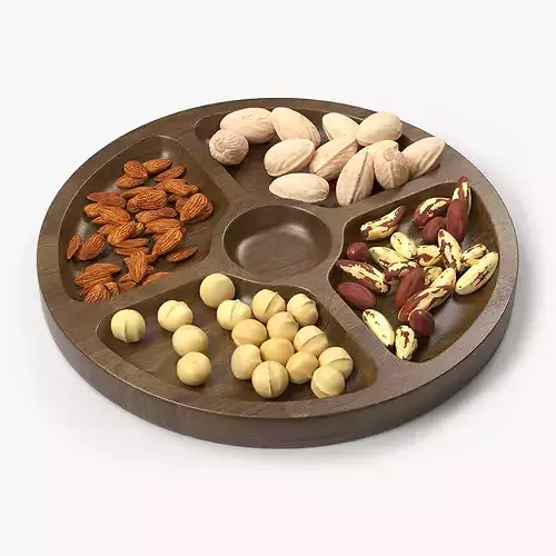 Round Wooden Tray with Nuts 3D model 2
