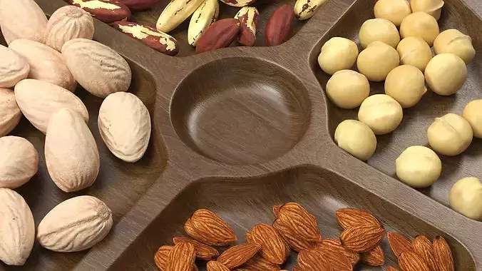 Round Wooden Tray with Nuts 3D model 4