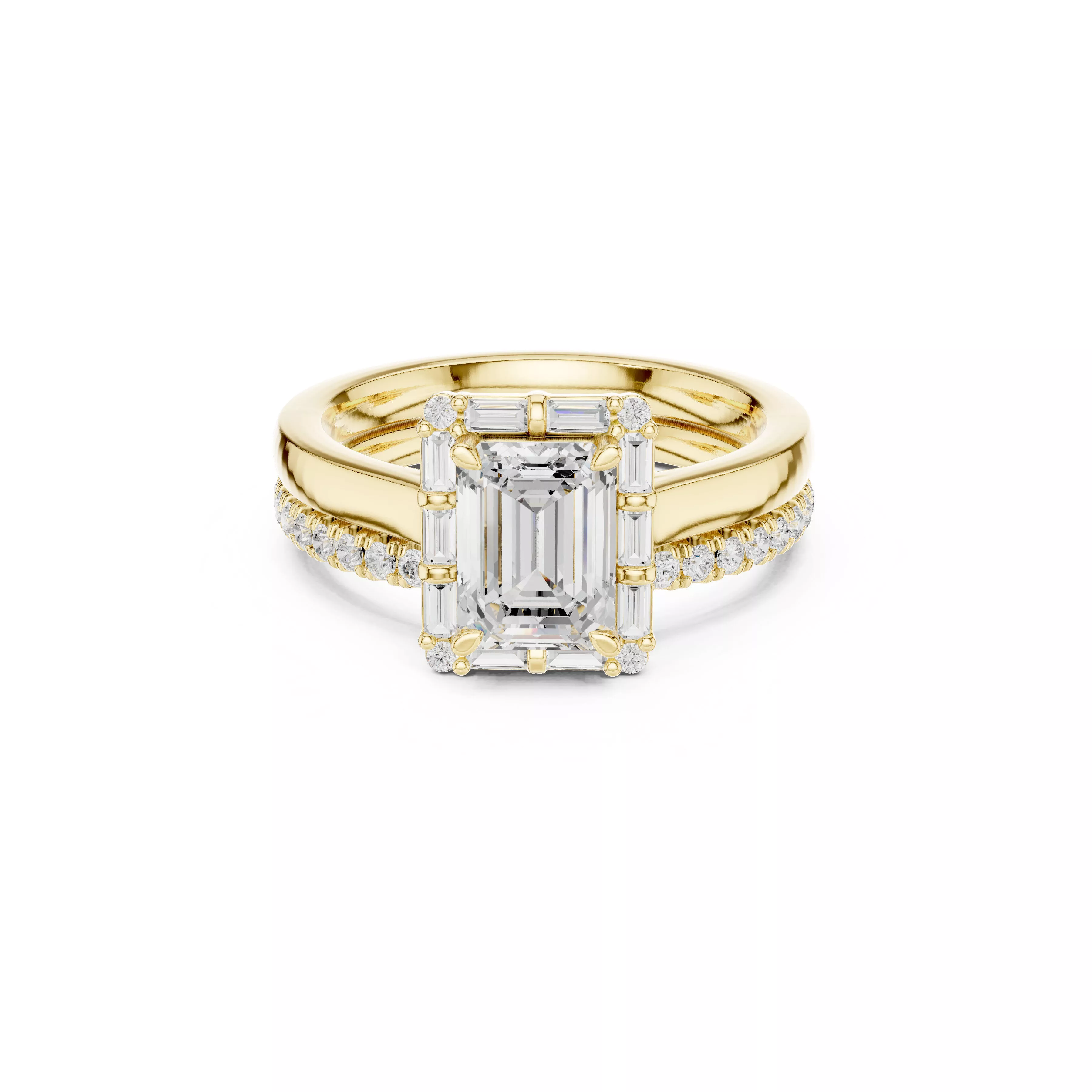 Emerald Cut Diamond Engagement Ring with Baguette Halo 3D print model