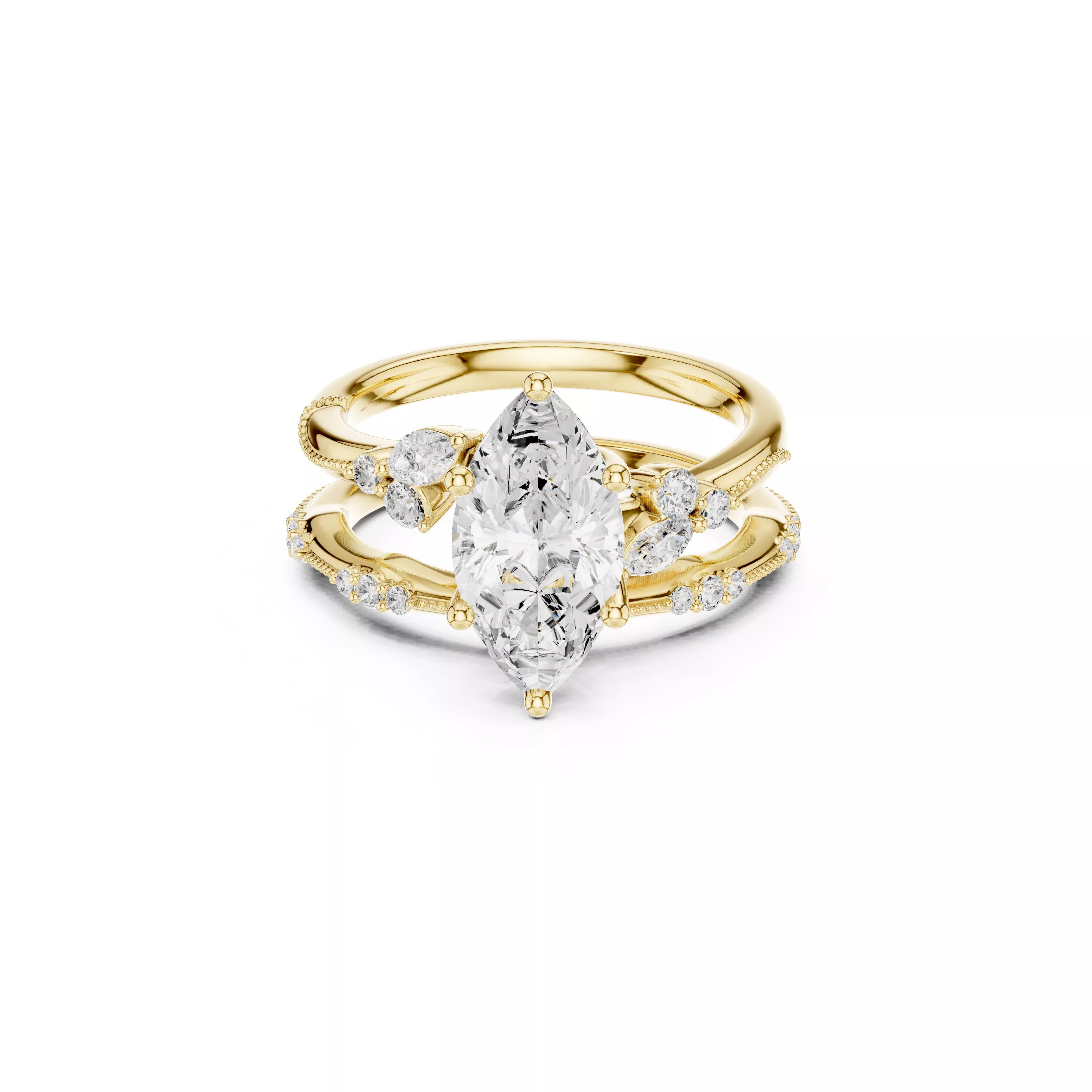 Marquise Diamond Floral Split Shank Engagement Ring CAD 3D print model