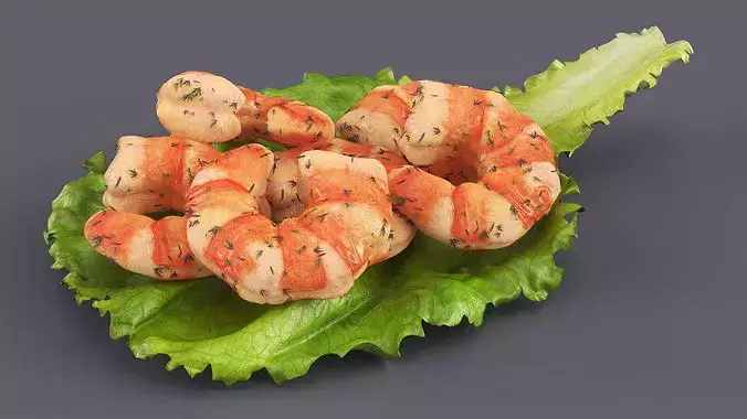 Shrimps with Dill on Lettuce Leaf 3D model 3
