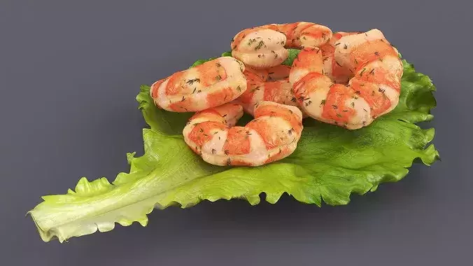 Shrimps with Dill on Lettuce Leaf 3D model 4