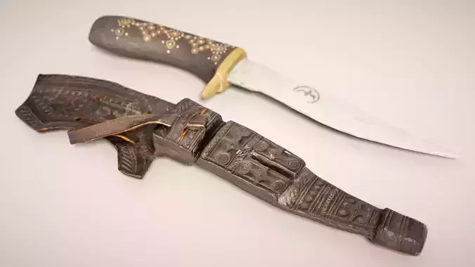Black Decorated Knife and Brown Leather Pouch Low-poly 3D model