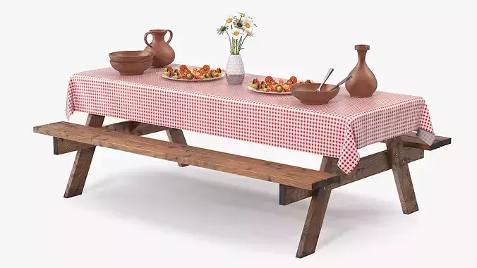 Rustic Picnic Table with Food and Pottery Served 3D model