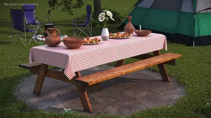Rustic Picnic Table with Food and Pottery Served 3D model 2
