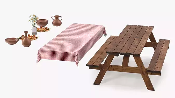 Rustic Picnic Table with Food and Pottery Served 3D model 6