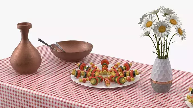 Rustic Picnic Table with Food and Pottery Served 3D model 5