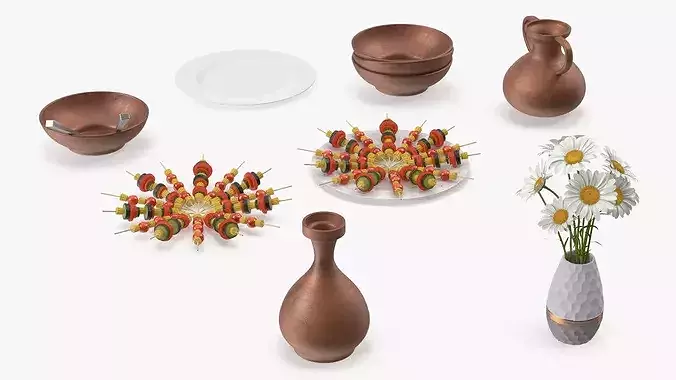 Rustic Picnic Table with Food and Pottery Served 3D model 7