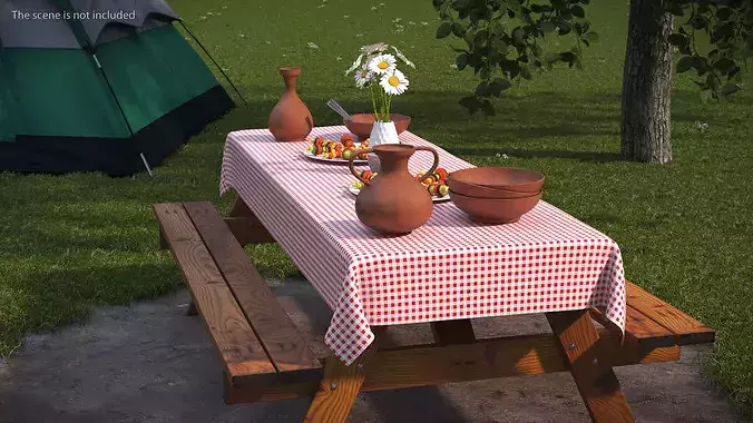 Rustic Picnic Table with Food and Pottery Served 3D model 3