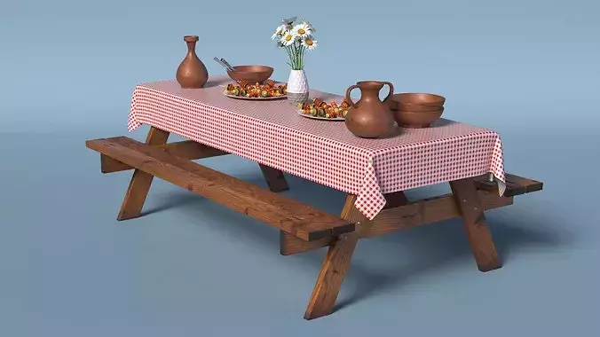 Rustic Picnic Table with Food and Pottery Served 3D model 4