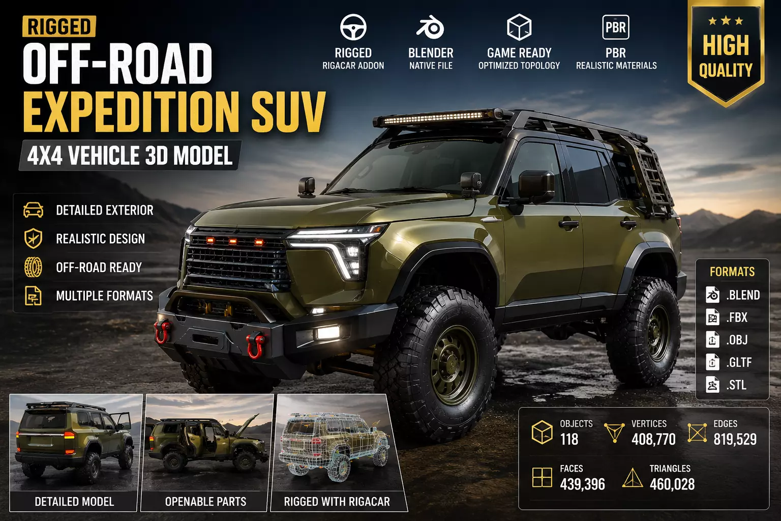 Rigged Off-Road Expedition SUV 4x4 Vehicle 3D Model Low-poly 3D model