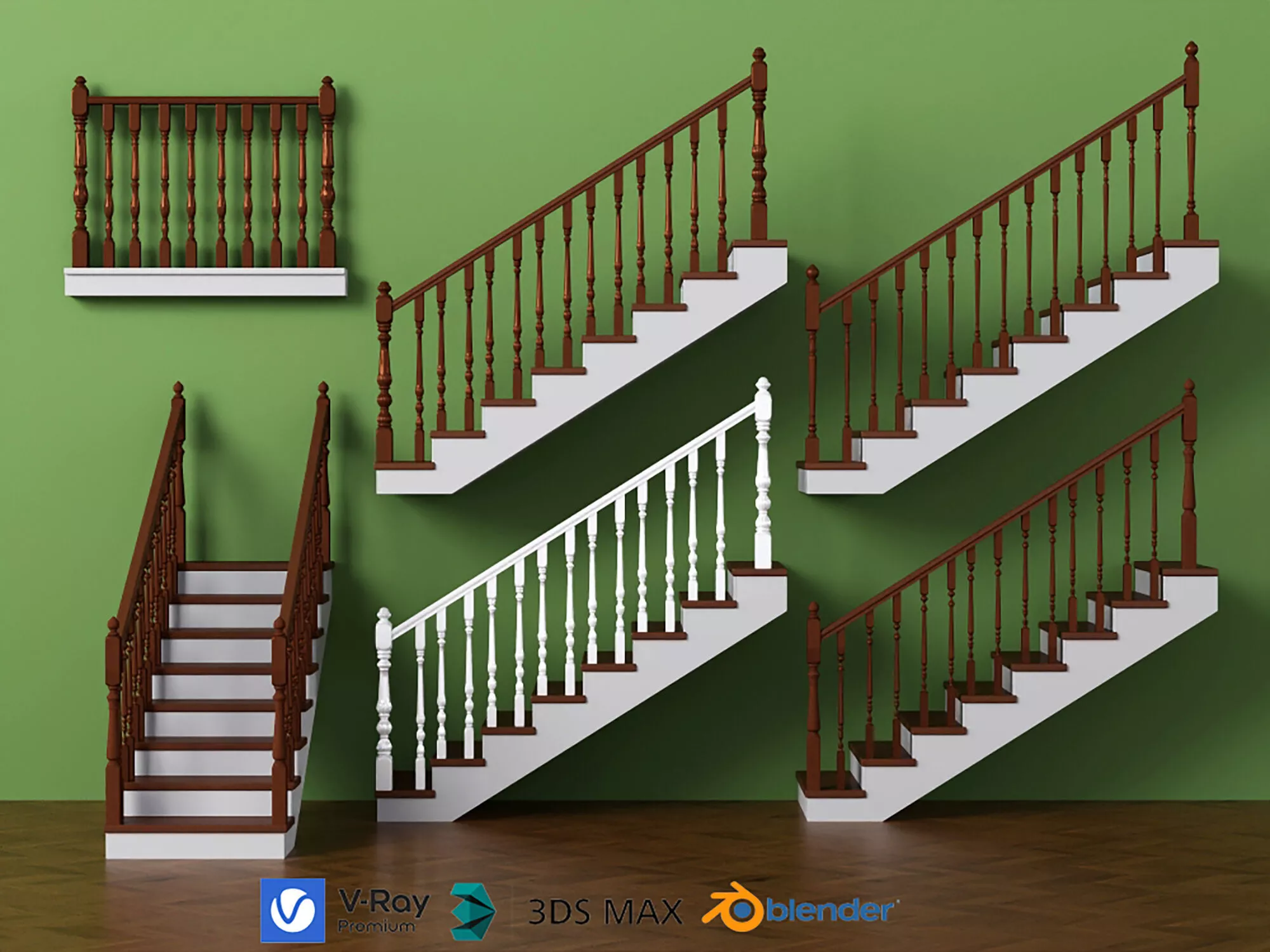 Classic Wooden Interior Stairs Railing Baluster Pack 3D model