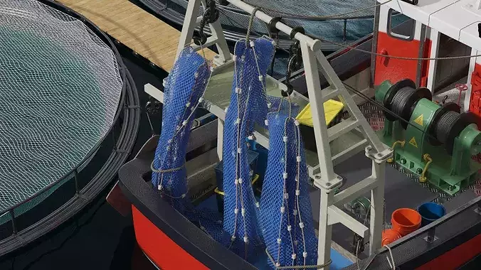 Marine Fish Cage Array with Central Pier and Catch Boat 3D model 6