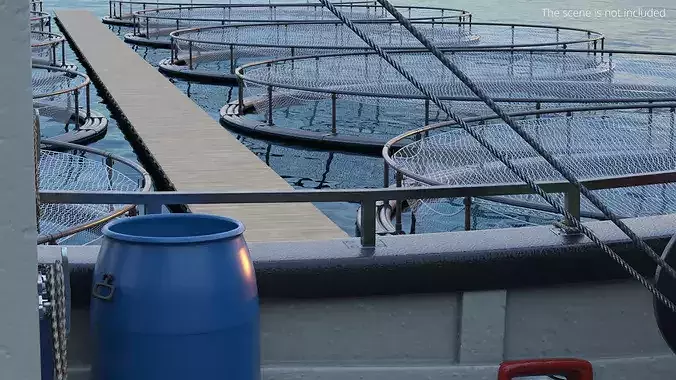 Marine Fish Cage Array with Central Pier and Catch Boat 3D model 3