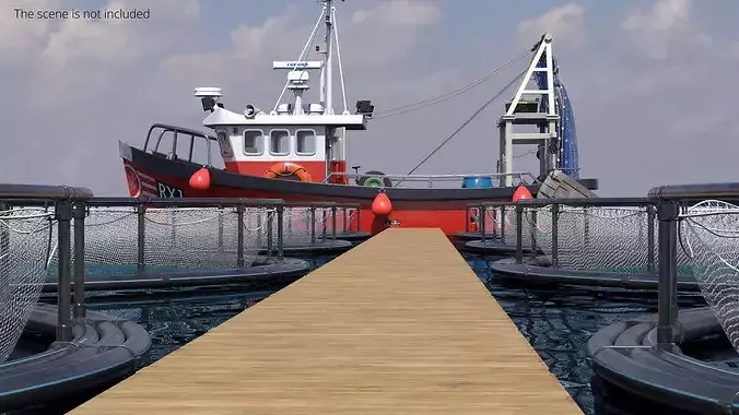 Marine Fish Cage Array with Central Pier and Catch Boat 3D model 2