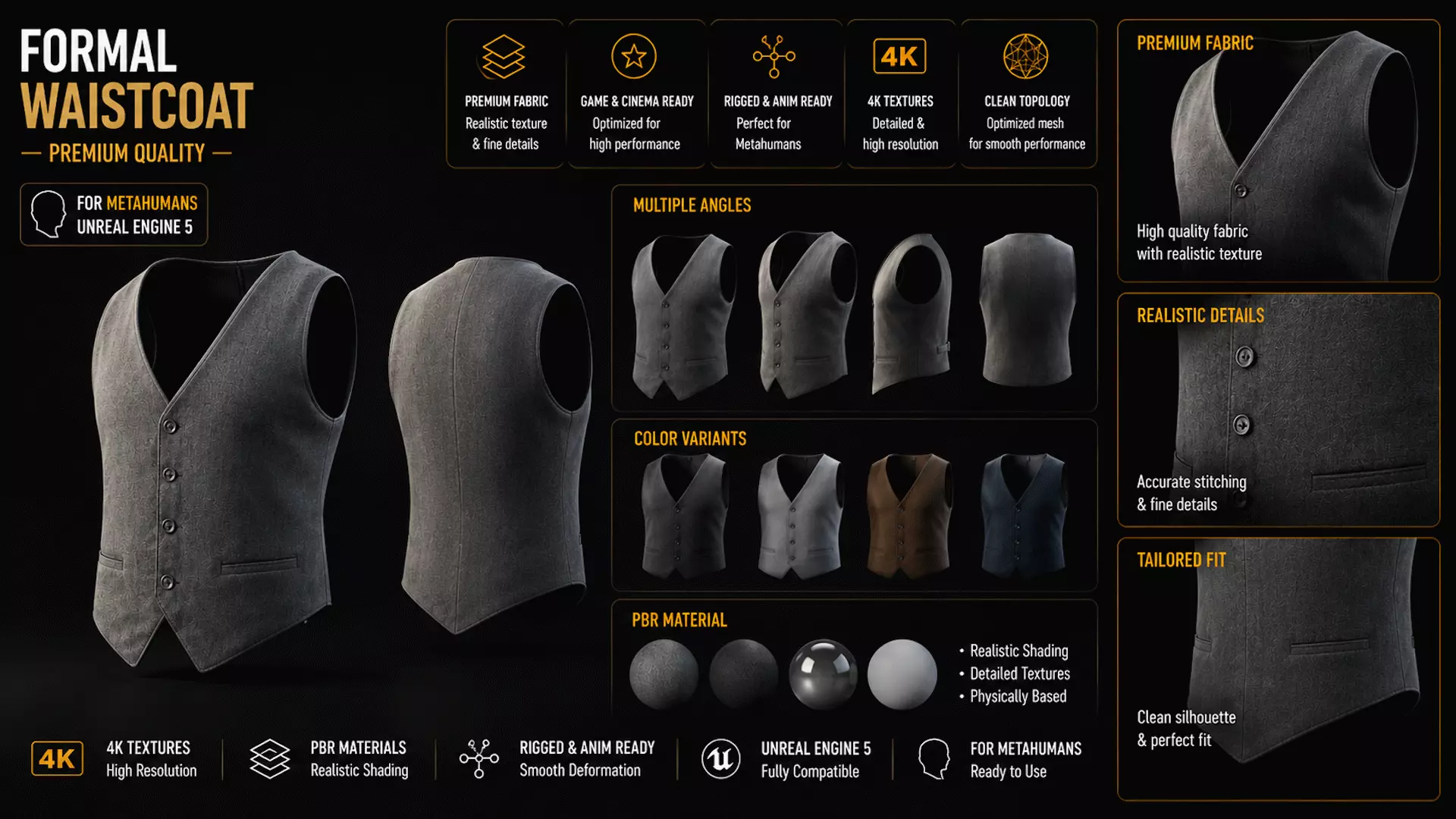 Formal Tight Waist Coat - Metahuman Compatible Low-poly 3D model