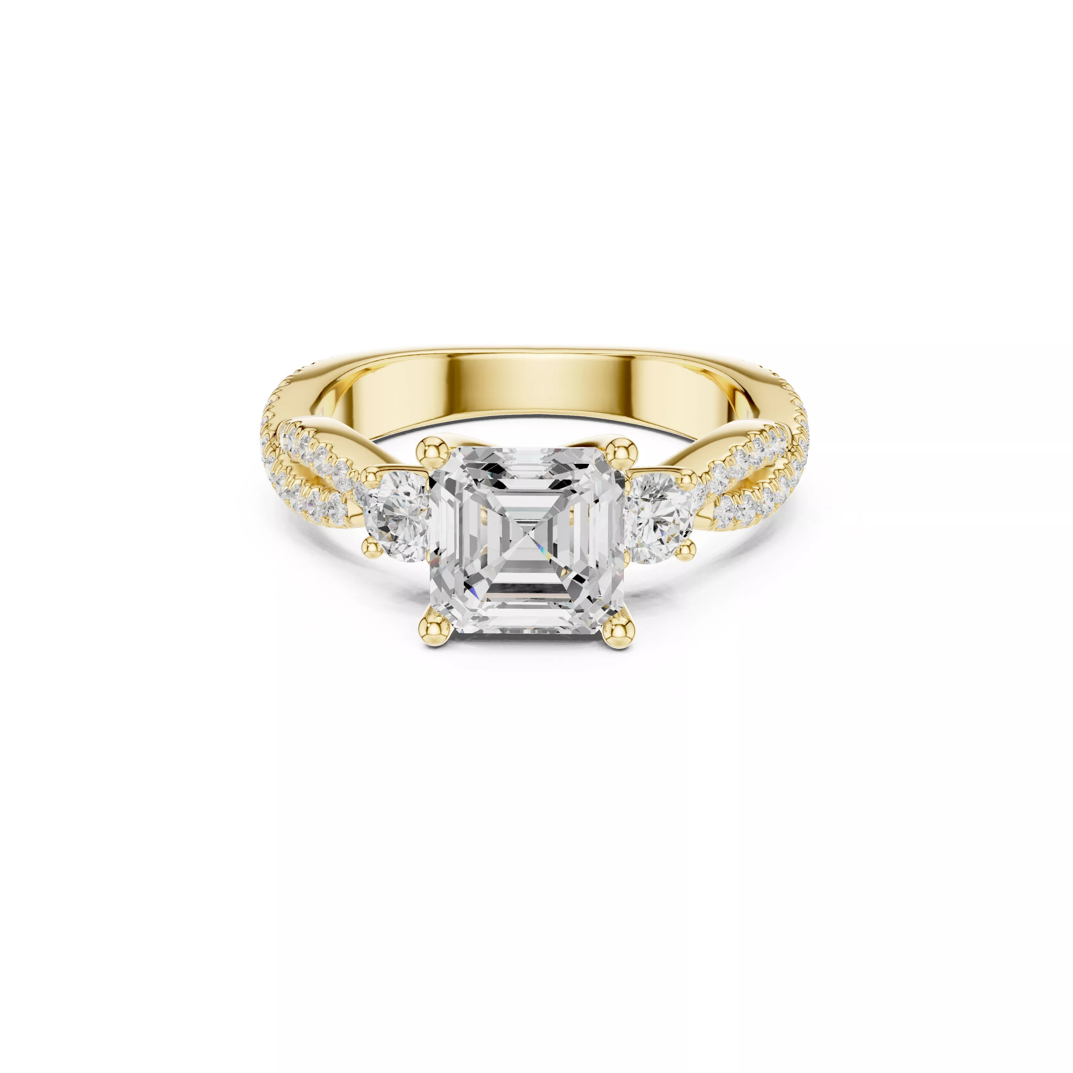 Asscher Cut Three Stone Engagement Ring Split Pave Shank CAD 3D print model