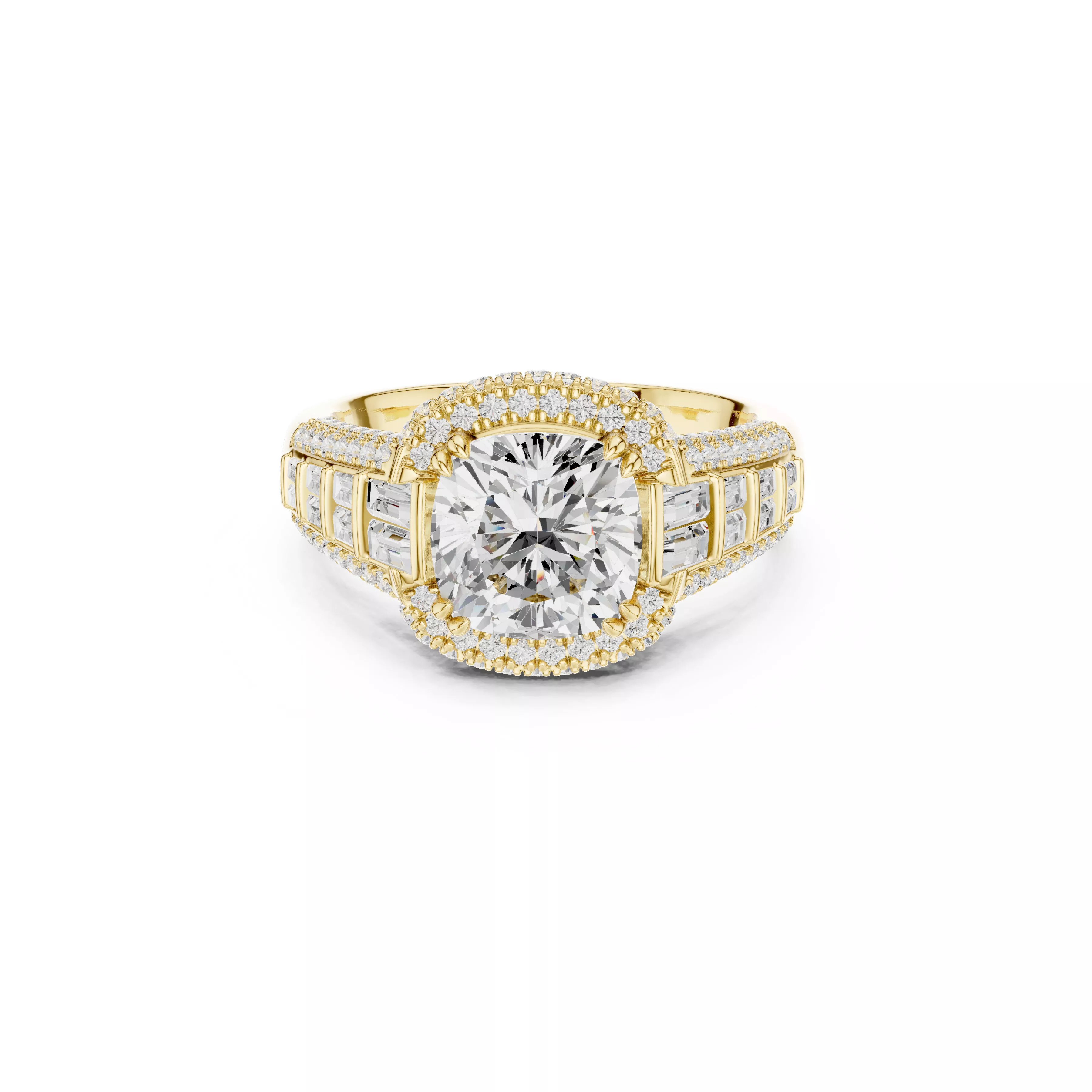 Cushion Cut Halo Engagement Ring Baguette Diamond Shoulders CAD 3D print model