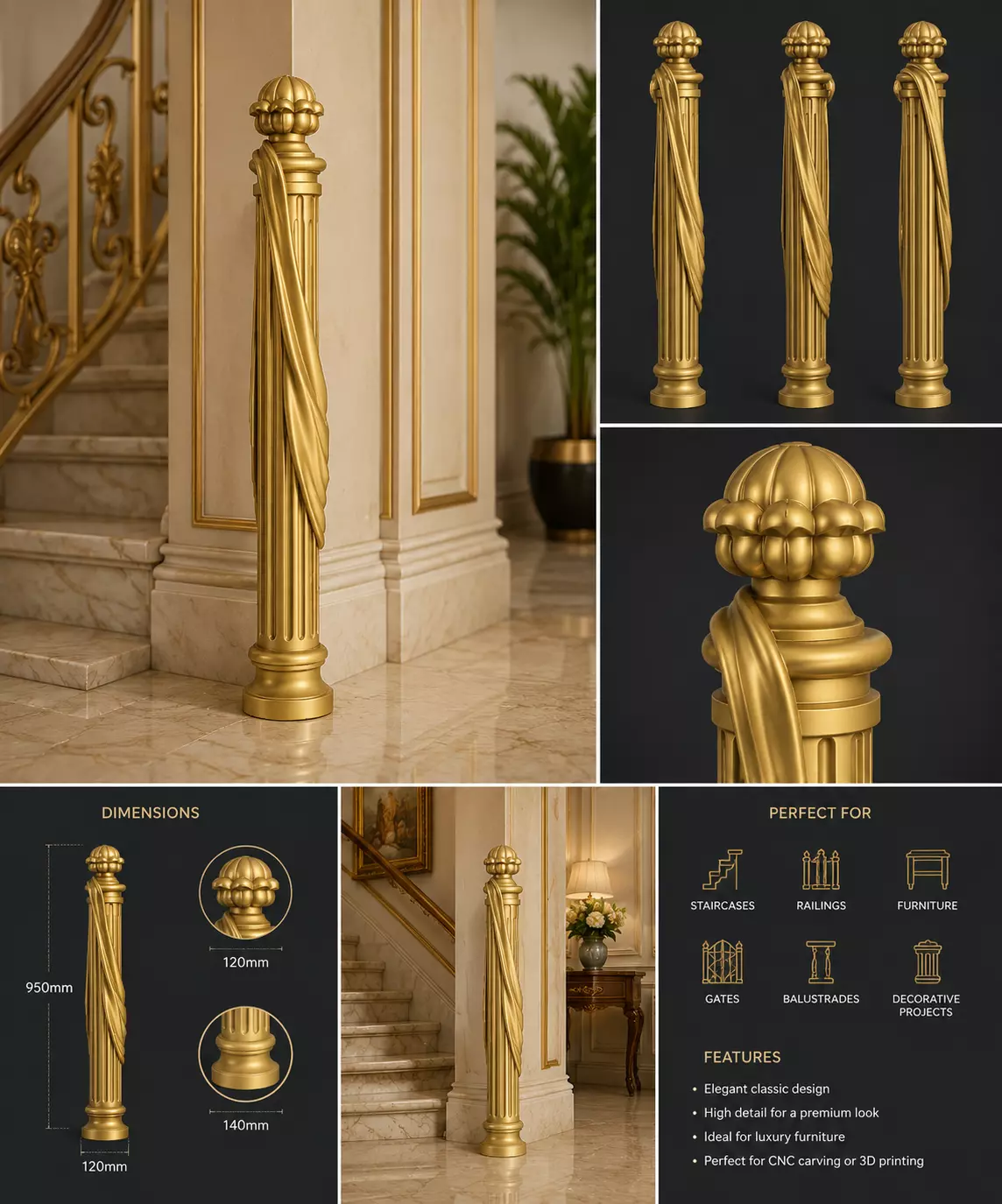 Luxury Classical Fluted Column 3D Model 3D model