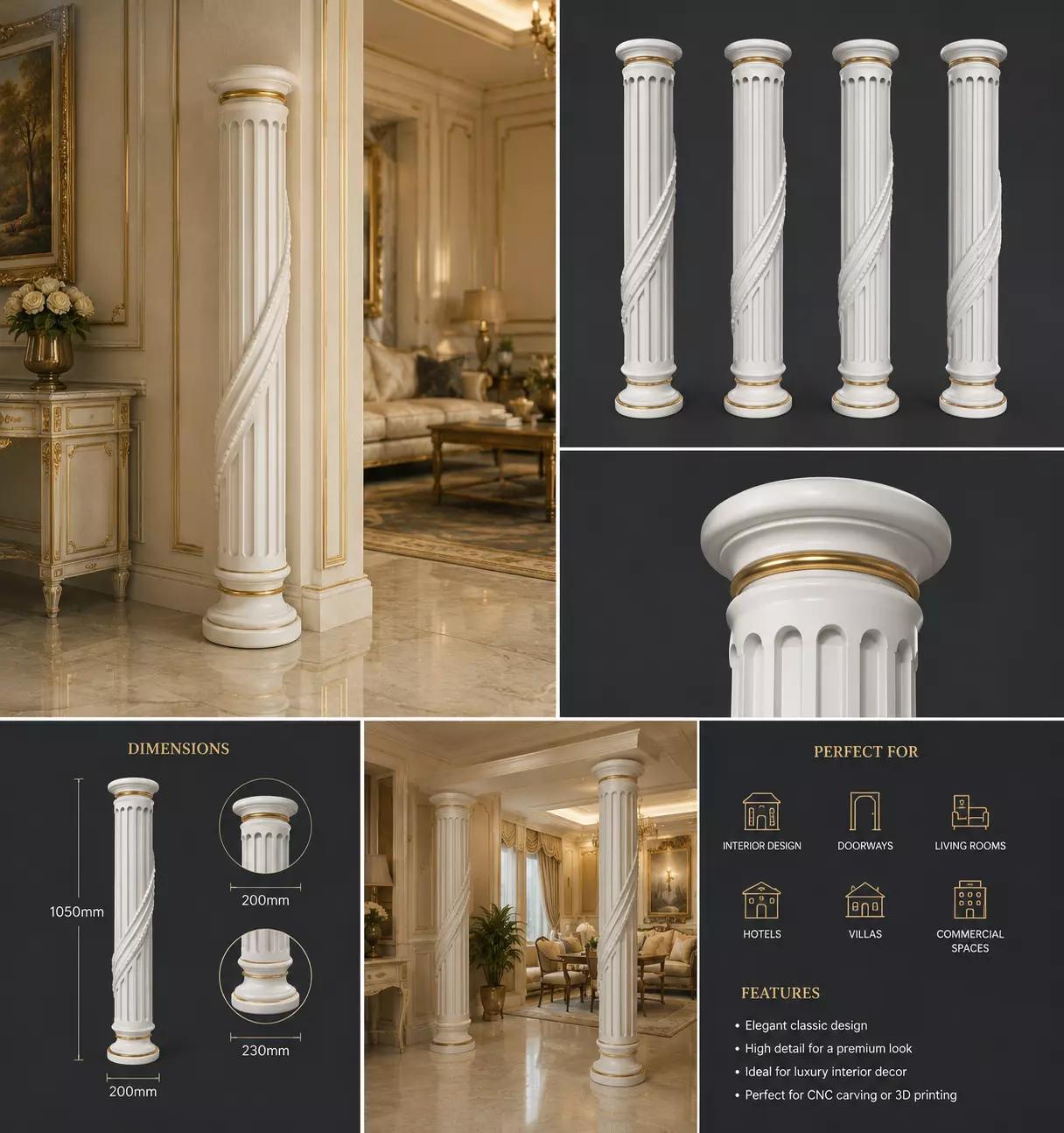 Luxury Twisted Fluted Column 3D Model 3D model