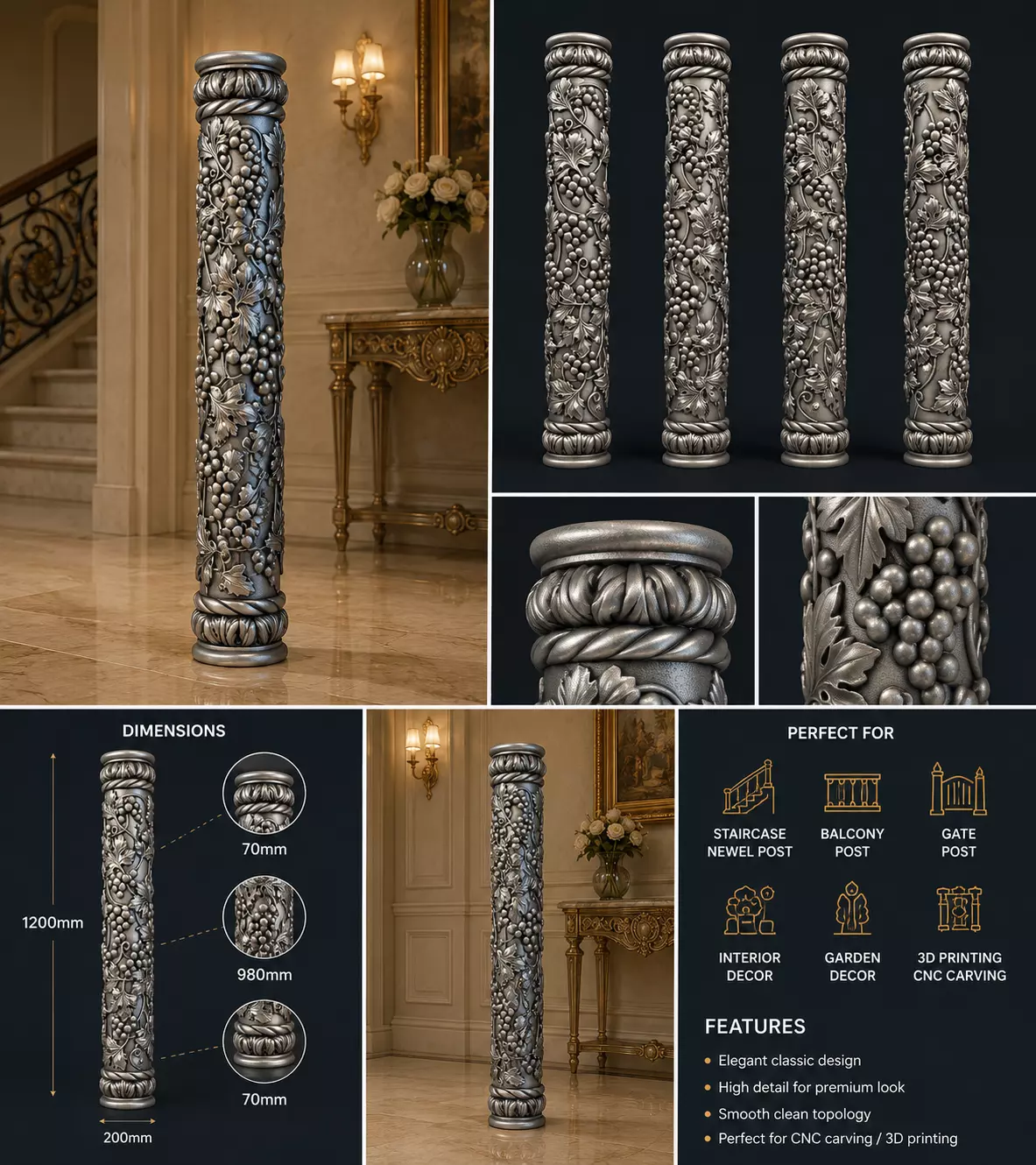 Luxury Grape Vine Newel Post 3D Model 3D model