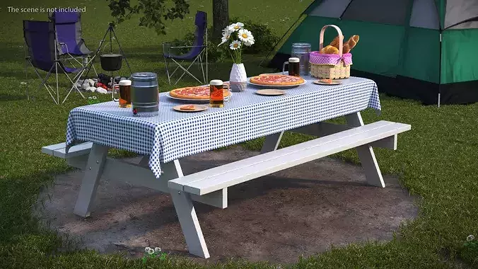 Picnic Table Served Blue Tablecloth with Pizza and Beer 3D model 2