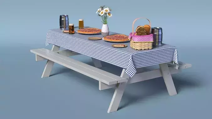 Picnic Table Served Blue Tablecloth with Pizza and Beer 3D model 4