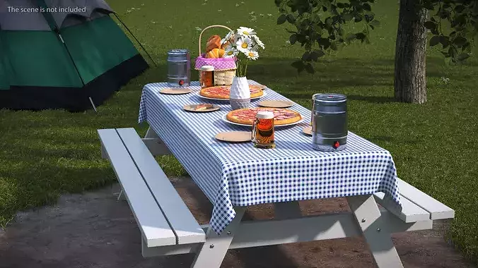 Picnic Table Served Blue Tablecloth with Pizza and Beer 3D model 3