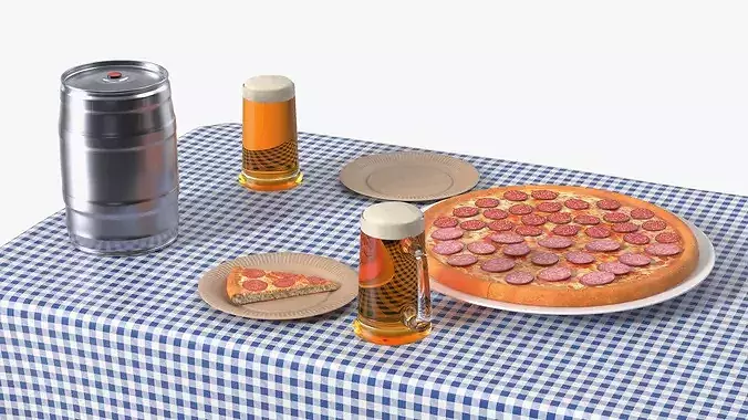 Picnic Table Served Blue Tablecloth with Pizza and Beer 3D model 6