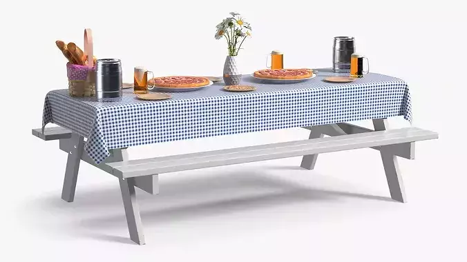 Picnic Table Served Blue Tablecloth with Pizza and Beer 3D model 5