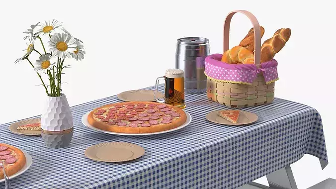Picnic Table Served Blue Tablecloth with Pizza and Beer 3D model 7