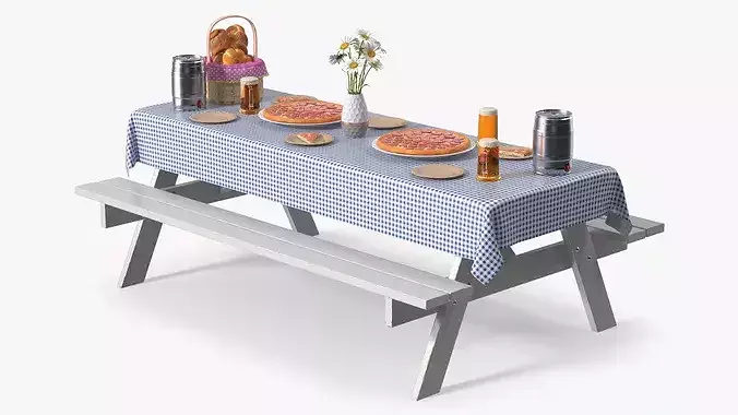 Picnic Table Served Blue Tablecloth with Pizza and Beer 3D model