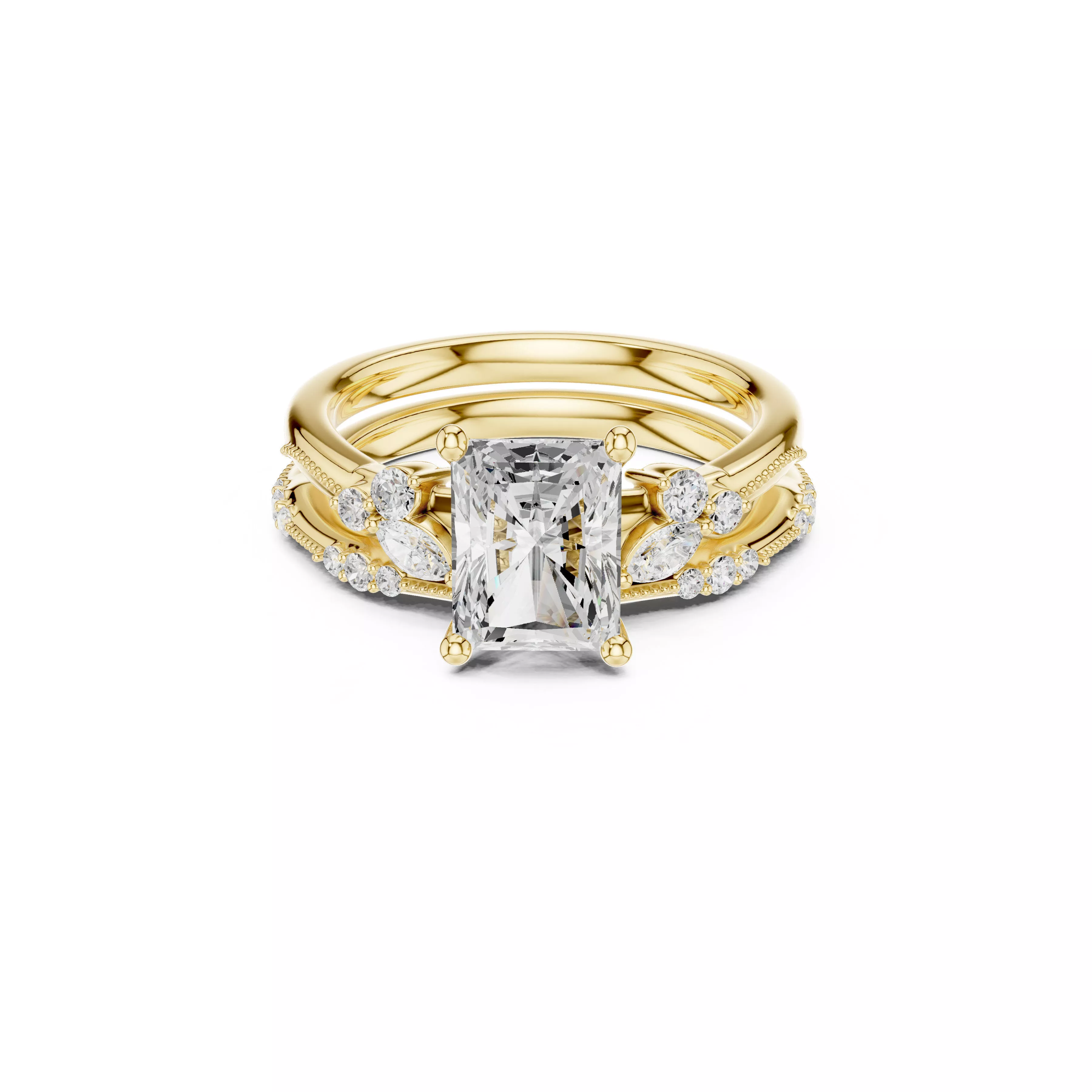 Radiant Cut Diamond Bridal Ring Set CAD 3D print model