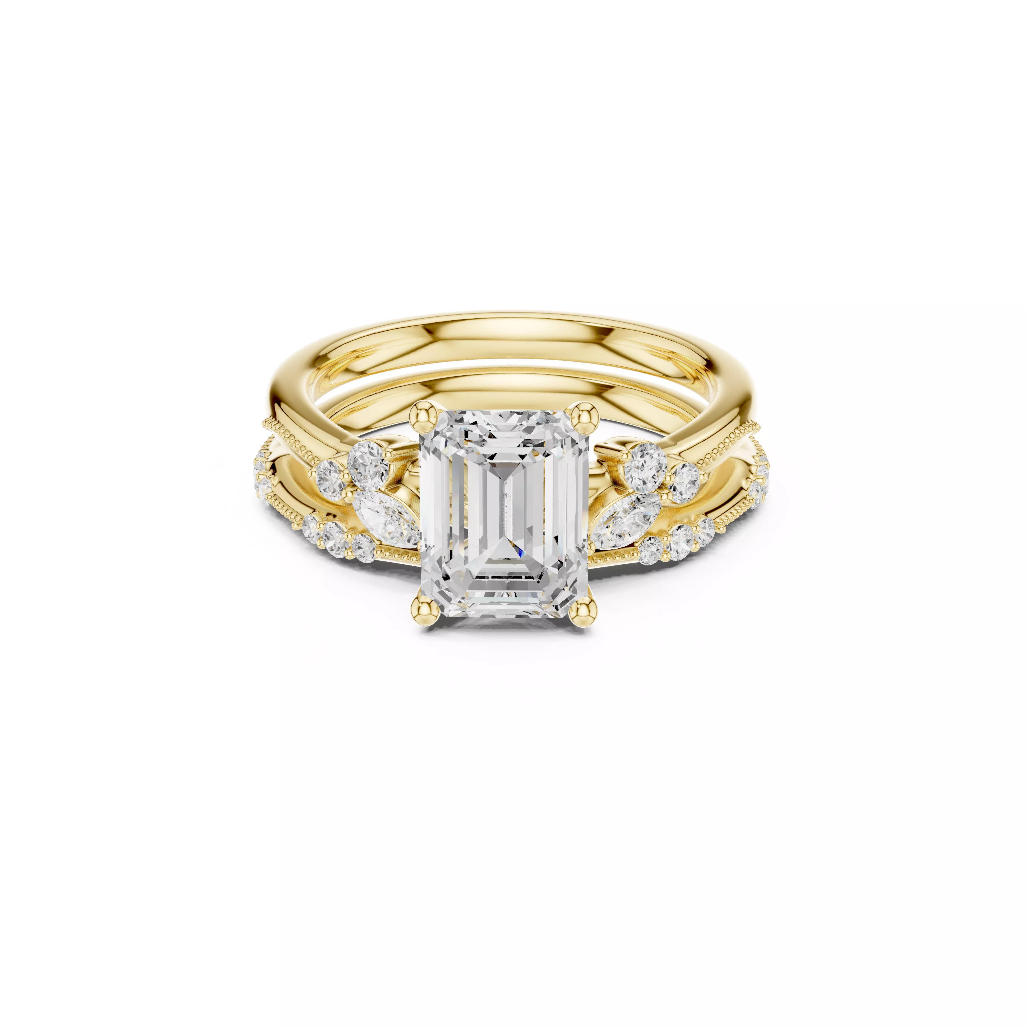 Emerald Cut Diamond Bridal Ring Set CAD Design 3D print model