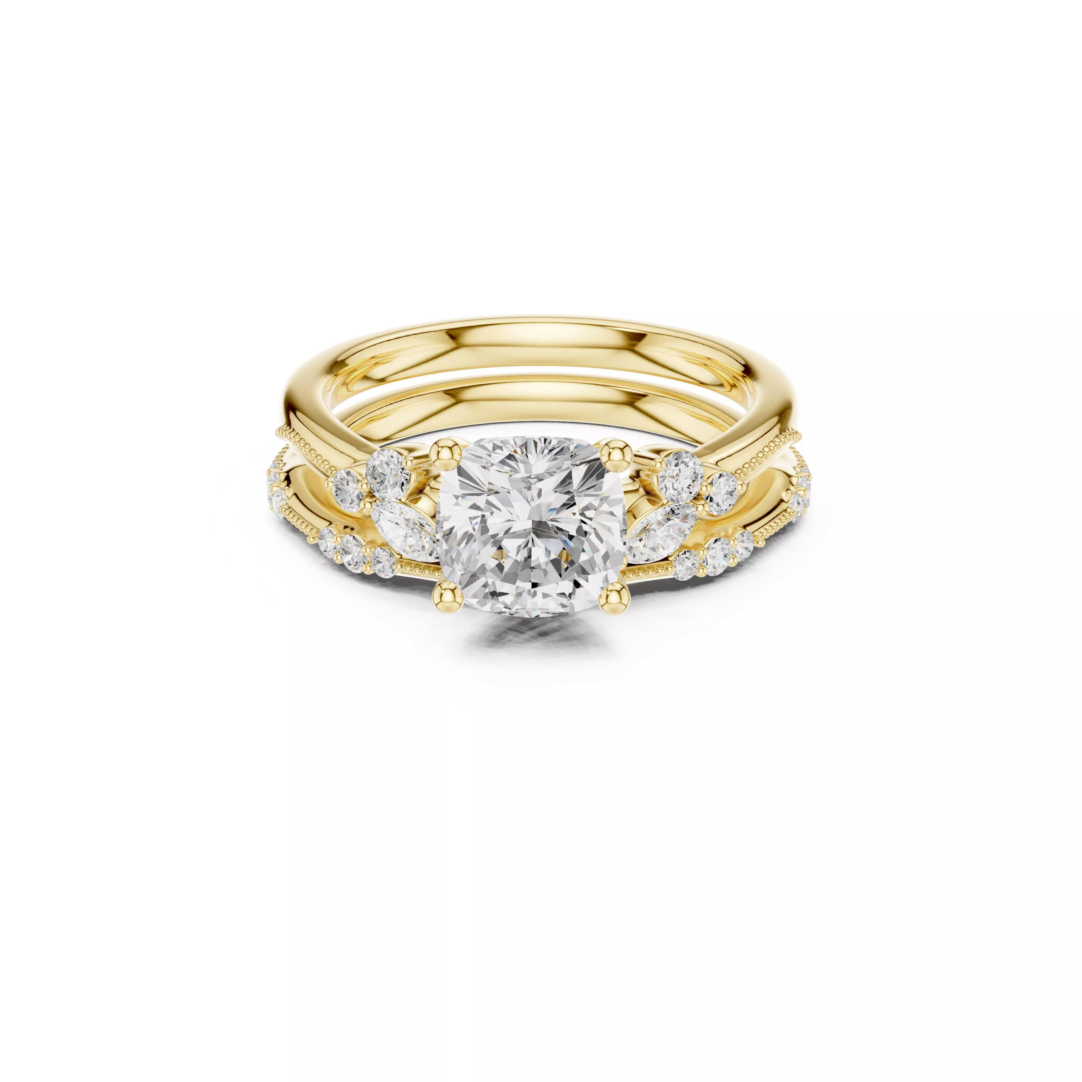 Cushion Cut Diamond Bridal Ring Set CAD Design 3D print model