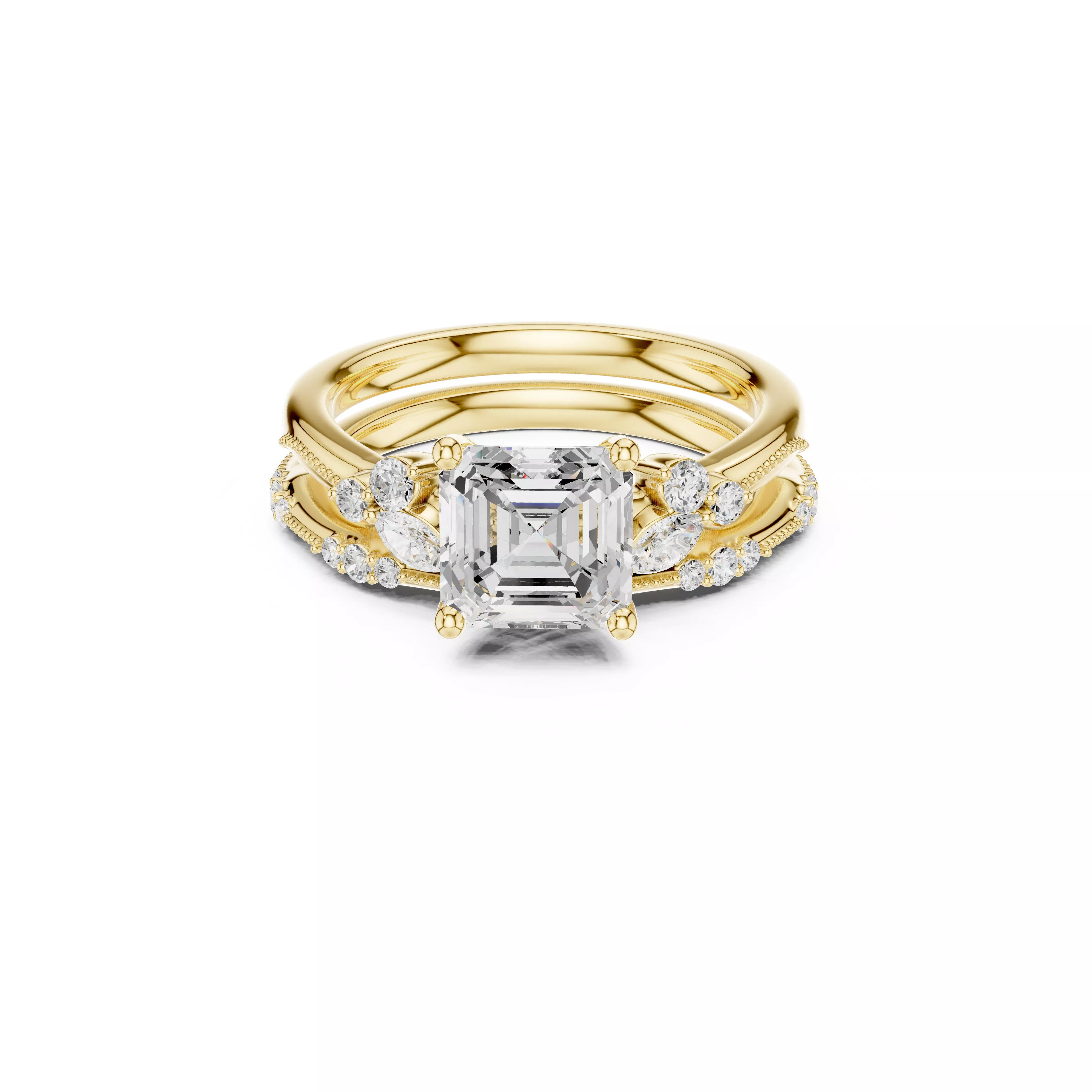 Asscher Cut Diamond Bridal Ring Set CAD Design 3D print model