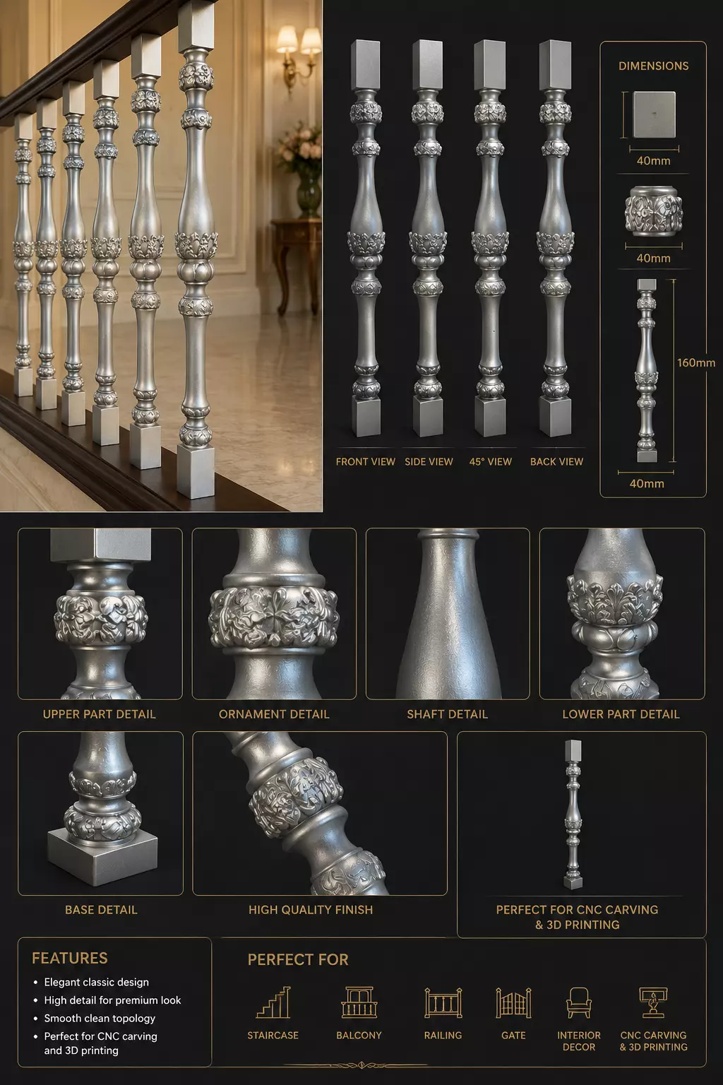 Decorative Staircase Spindle for Railing 3D model